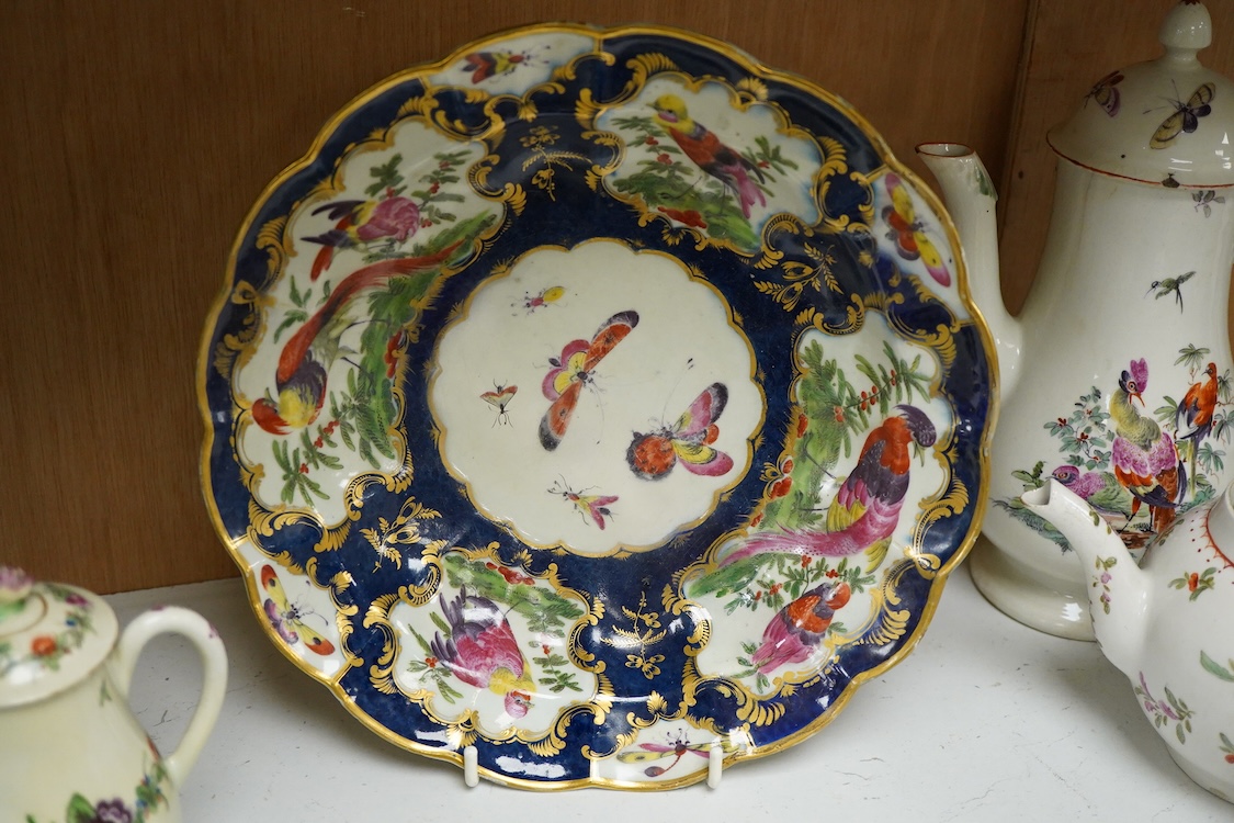 A Worcester scale blue dish - 25cm diameter, a similar cup and saucer and a covered jug, c.1770-80